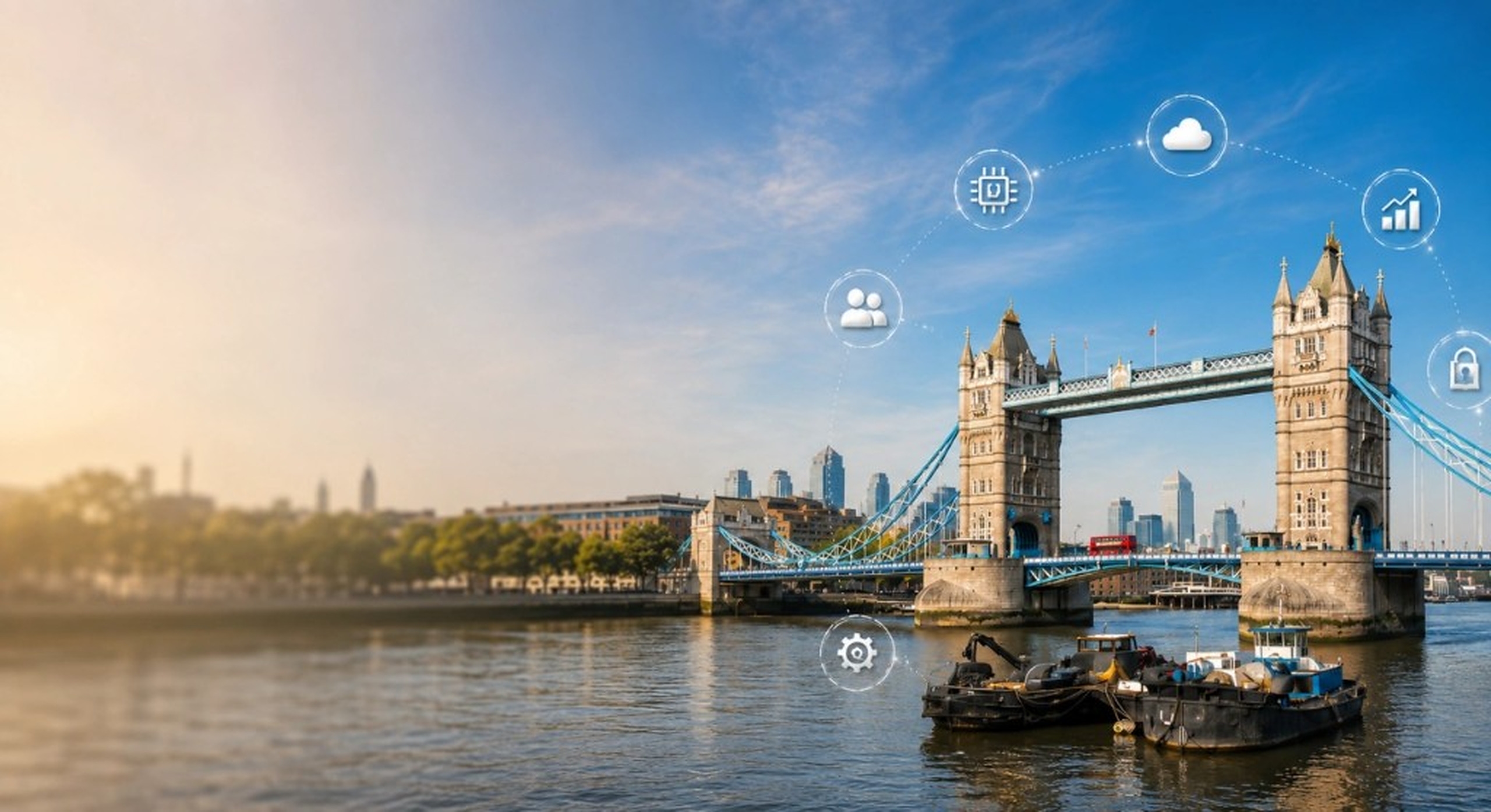 London Tower Bridge with digital technology icons for cloud, security, and growth