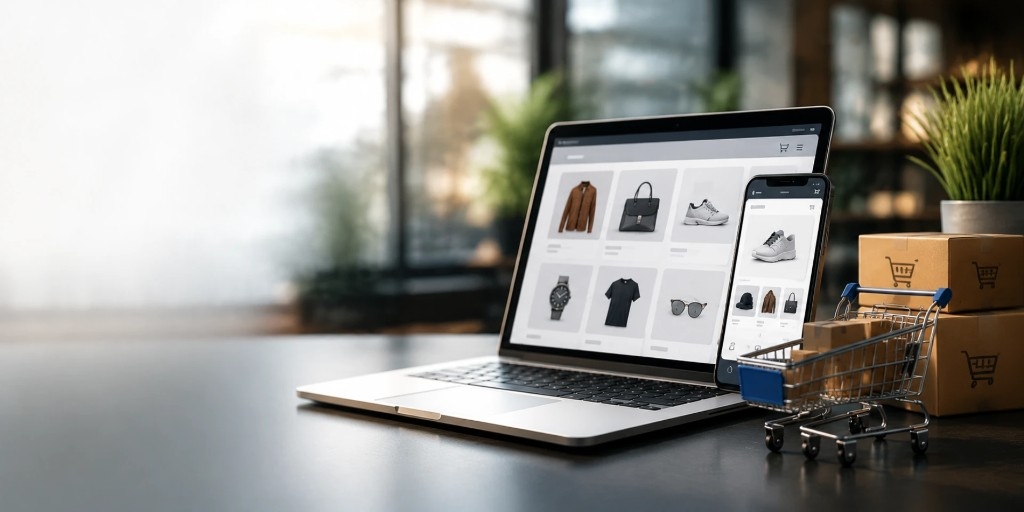 Laptop and phone showing an ecommerce shop next to a shopping cart and shipping boxes