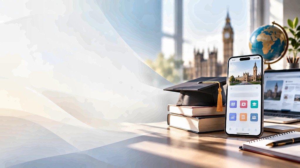 Graduation cap, education app on phone, and London landmarks on a study desk