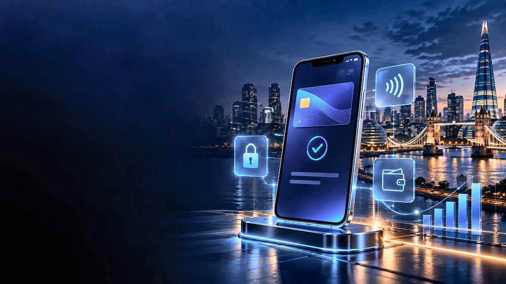 Smartphone with secure payment card and FinTech icons over London skyline