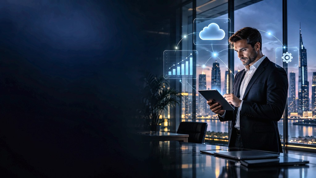 Executive with tablet and holographic cloud and analytics icons at night