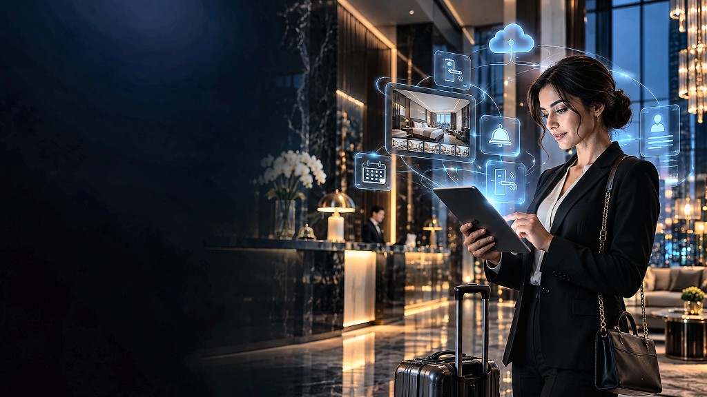 Hotel guest using a tablet with smart hospitality holograms in a luxury lobby