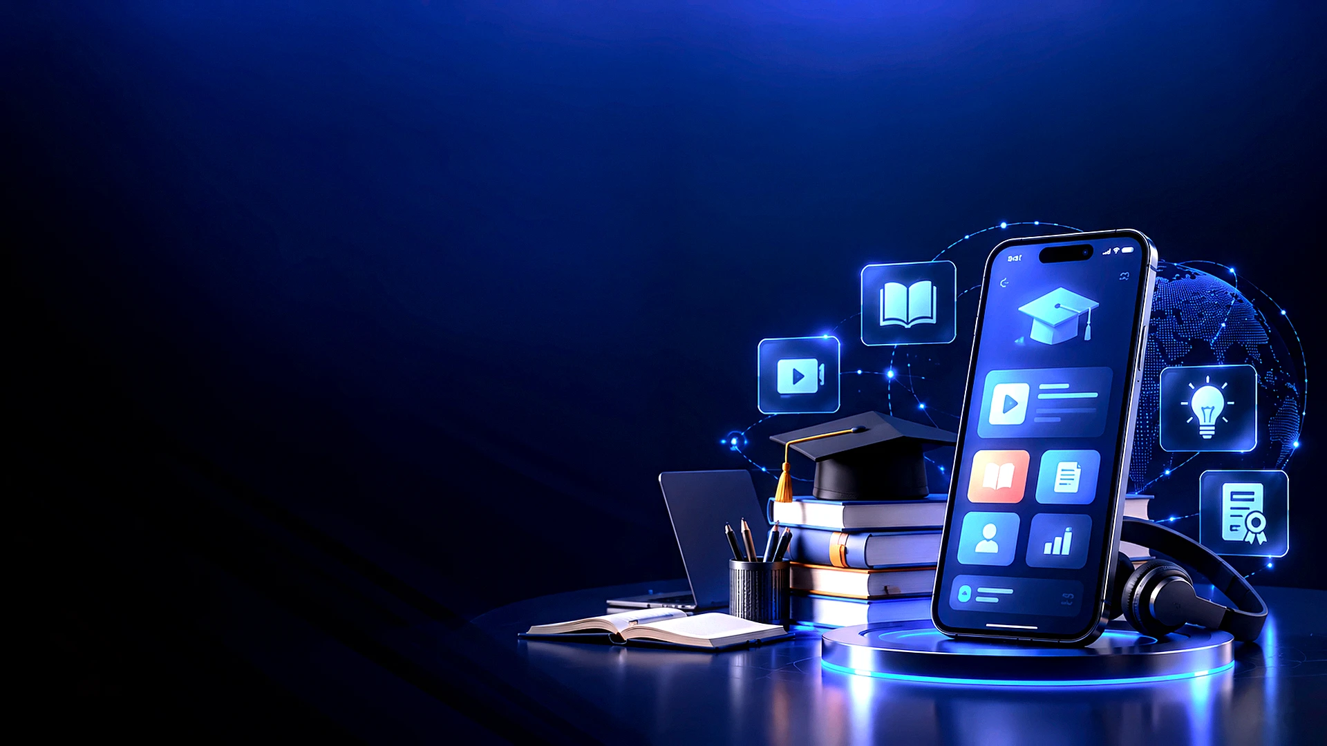 Graduation cap, education app on phone, and London landmarks on a study desk